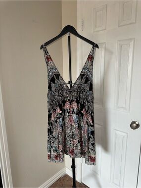 Free People Black Multi Paisley Elephant V-Neck Slip Dress